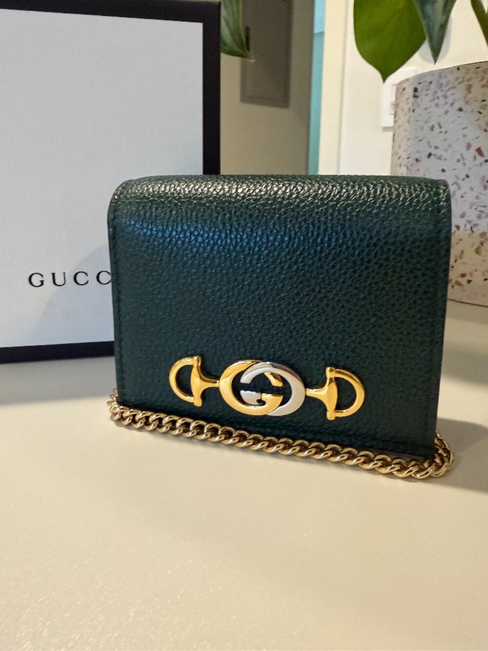 Gucci Women's Zumi Leather Bifold Chain Wallet in Dark Green, Gold, and Silver
